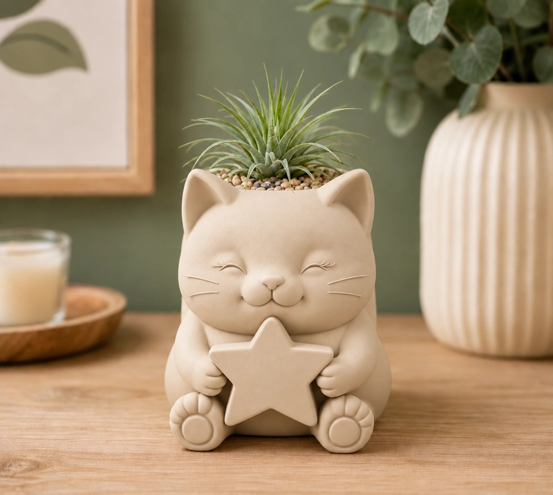 MACETERO DECORATIVO HOGAR- GATITO ESTRELLA 15 CM BEIGE - 5