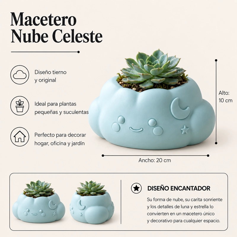 MACETERO DECORATIVO HOGAR- FORMA NUBE 10 CM CELESTE - 2