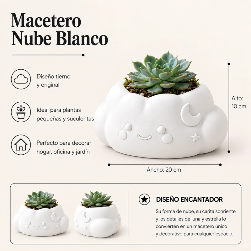 MACETERO DECORATIVO HOGAR- FORMA NUBE 10 CM BLANCA - 2