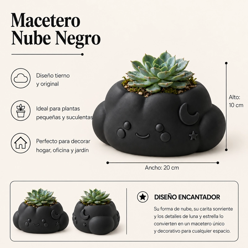 MACETERO DECORATIVO HOGAR- FORMA NUBE 10 CM NEGRAMACETERO DECORATIVO HOGAR- FORMA NUBE 10 CM NEGRA - 2