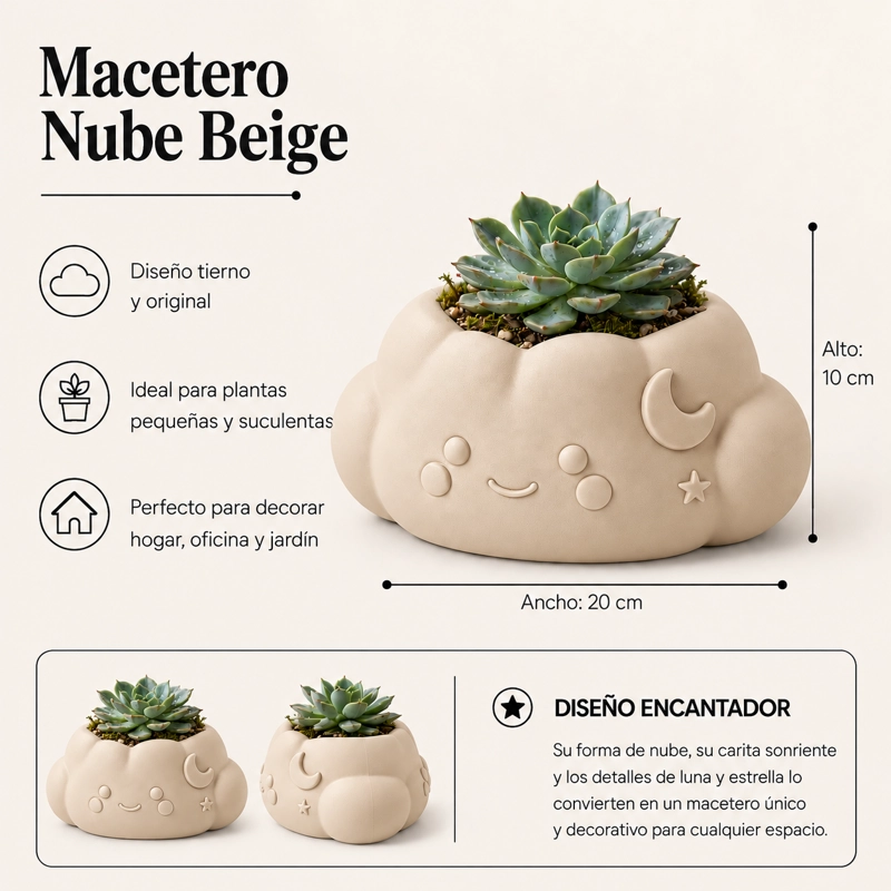 MACETERO DECORATIVO HOGAR- FORMA NUBE 10 CM BEIGE - 2