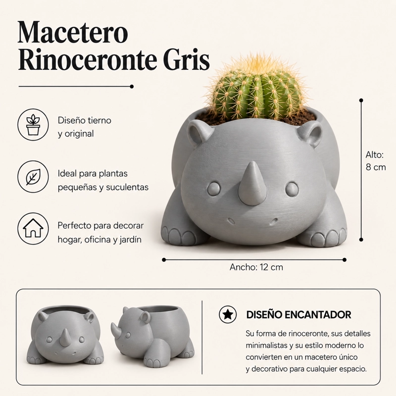 MACETERO DECORATIVO HOGAR- RINOCERONTE 8 CM GRIS - 2