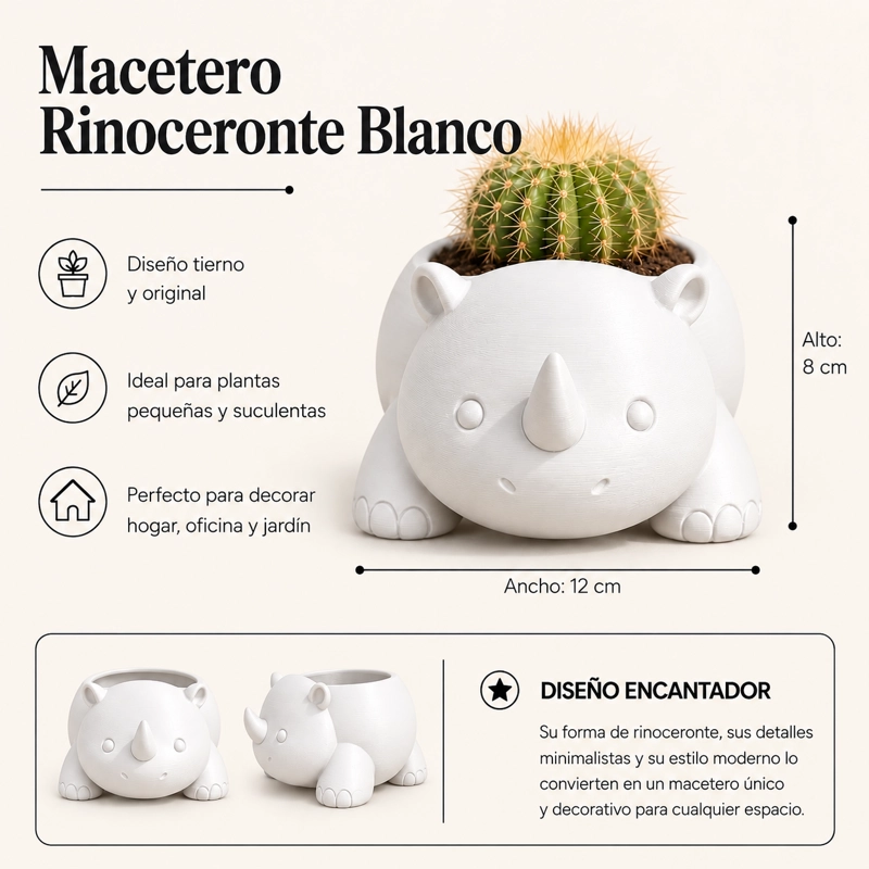 MACETERO DECORATIVO HOGAR- RINOCERONTE 8 CM BLANCO - 2