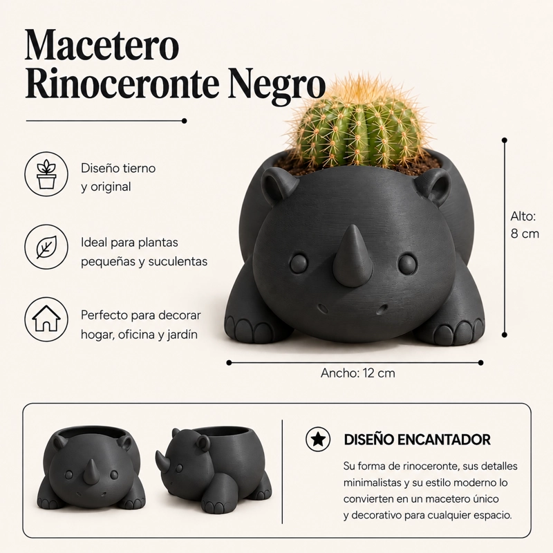 MACETERO DECORATIVO HOGAR- RINOCERONTE 8 CM NEGRO - 2