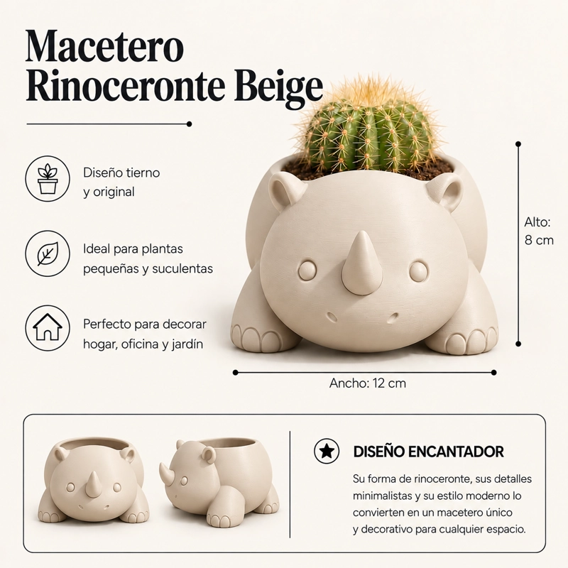 MACETERO DECORATIVO HOGAR- RINOCERONTE 8 CM BEIGE - 2