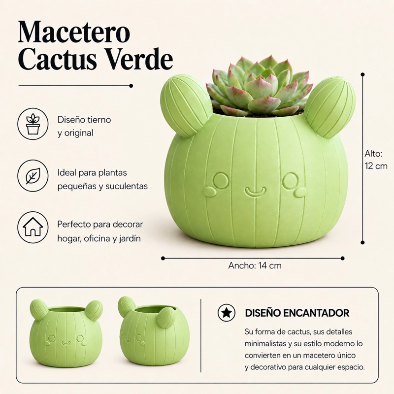 MACETERO DECORATIVO HOGAR- FORMA CACTUS 12 CM VERDE - 2