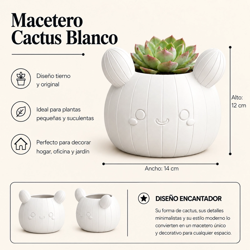 MACETERO DECORATIVO HOGAR- FORMA CACTUS 12 CM BLANCO - 2