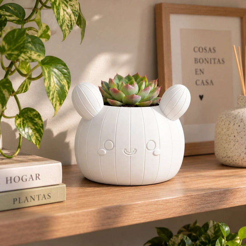 MACETERO DECORATIVO HOGAR- FORMA CACTUS 12 CM BLANCO - 3