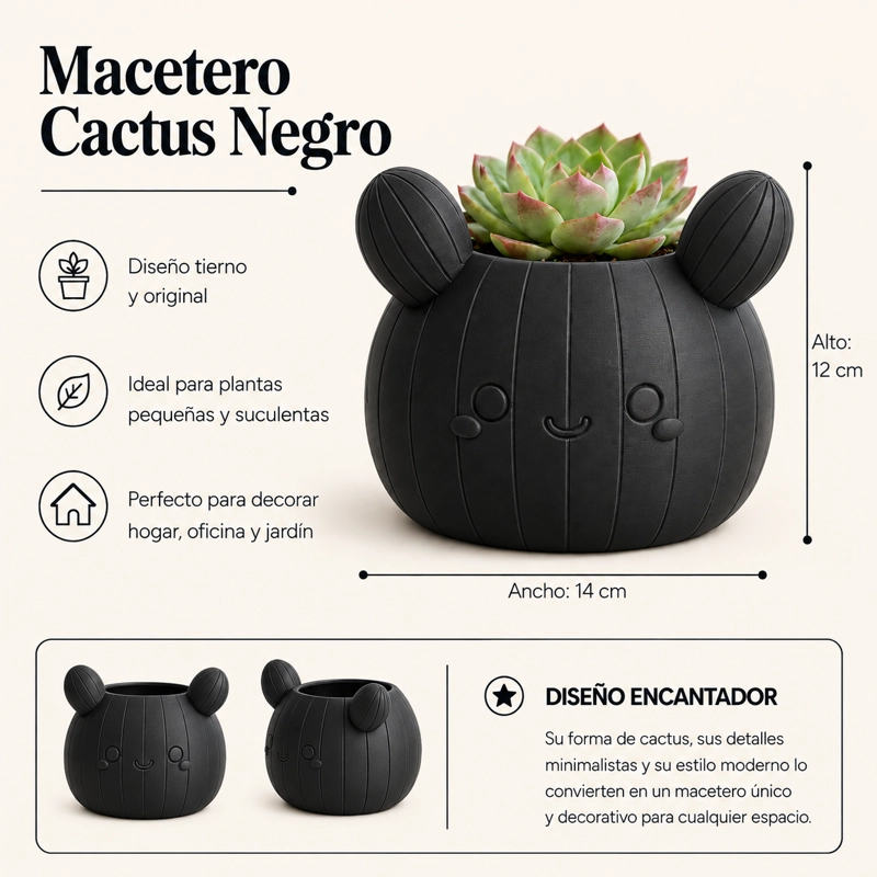 MACETERO DECORATIVO HOGAR- FORMA CACTUS 12 CM NEGRO - 2