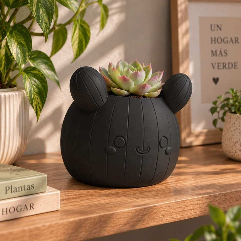 MACETERO DECORATIVO HOGAR- FORMA CACTUS 12 CM NEGRO - 3