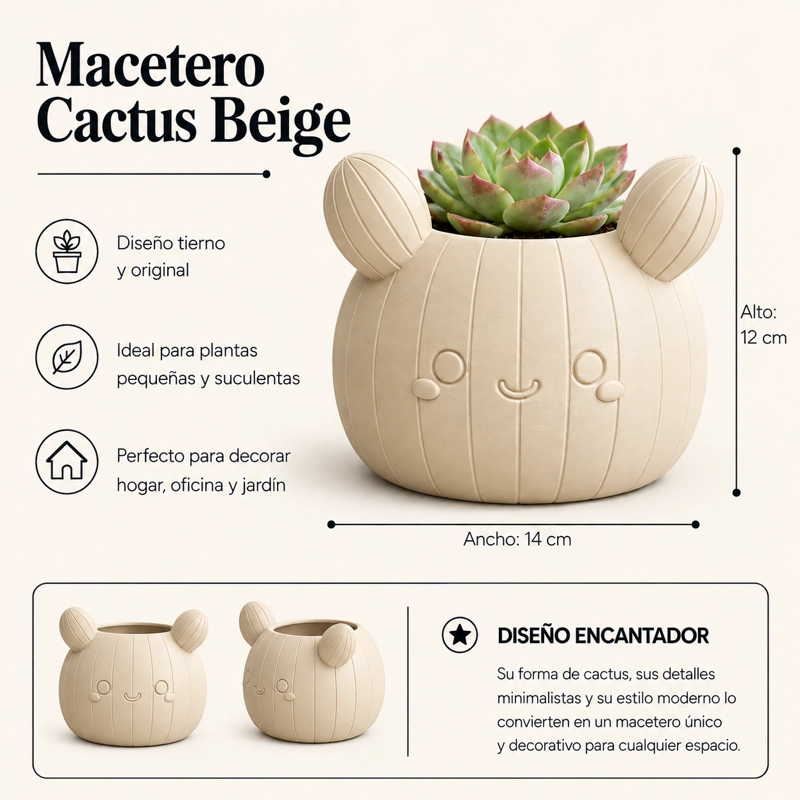 MACETERO DECORATIVO HOGAR- FORMA CACTUS 12 CM BEIGE - 2
