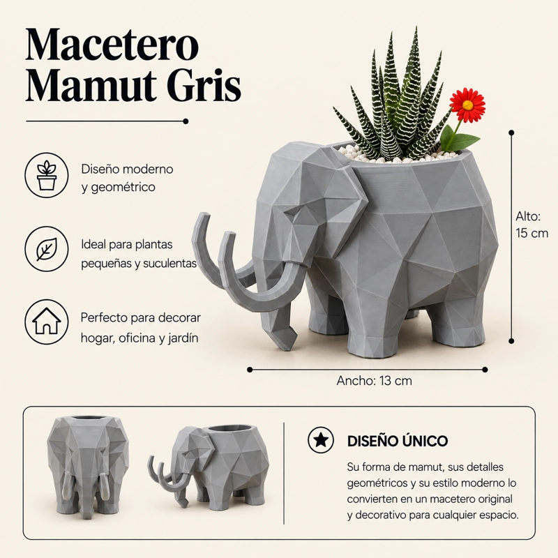 MACETERO DECORATIVO HOGAR- FORMA MAMUT 15 CM GRIS - 2