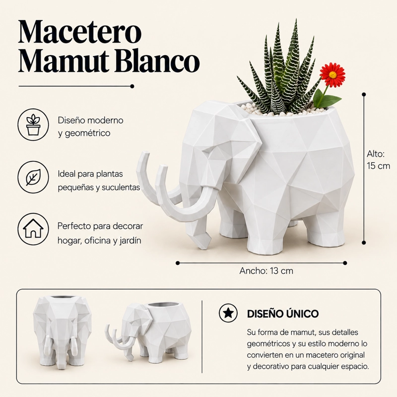MACETERO DECORATIVO HOGAR- FORMA MAMUT 15 CM BLANCO - 2