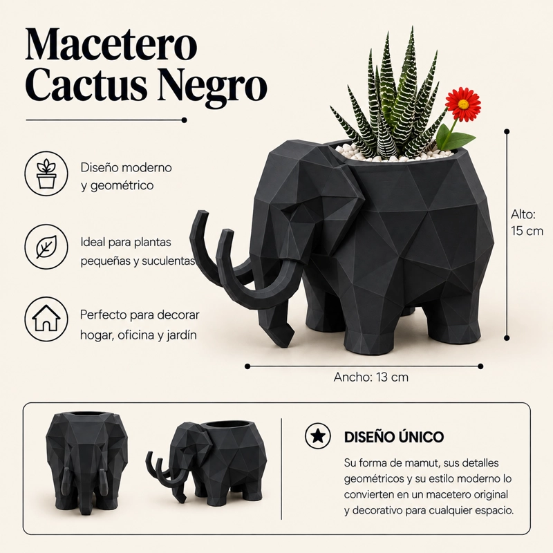 MACETERO DECORATIVO HOGAR- FORMA MAMUT 15 CM NEGRO - 2