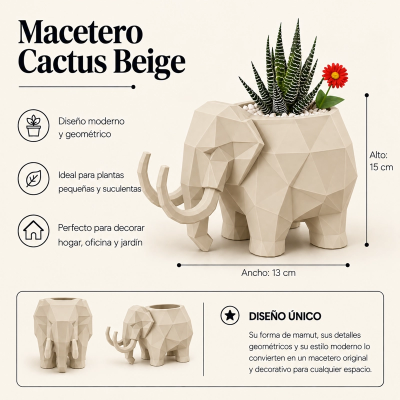 MACETERO DECORATIVO HOGAR- FORMA MAMUT 15 CM BEIGE - 2