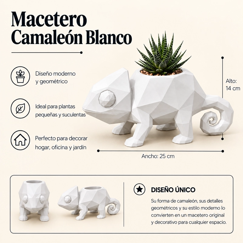 MACETERO DECORATIVO HOGAR- CAMALEON 14 CM BLANCO - 2