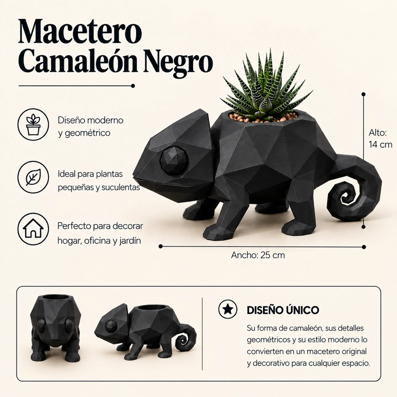MACETERO DECORATIVO HOGAR- CAMALEON 14 CM NEGRO - 2