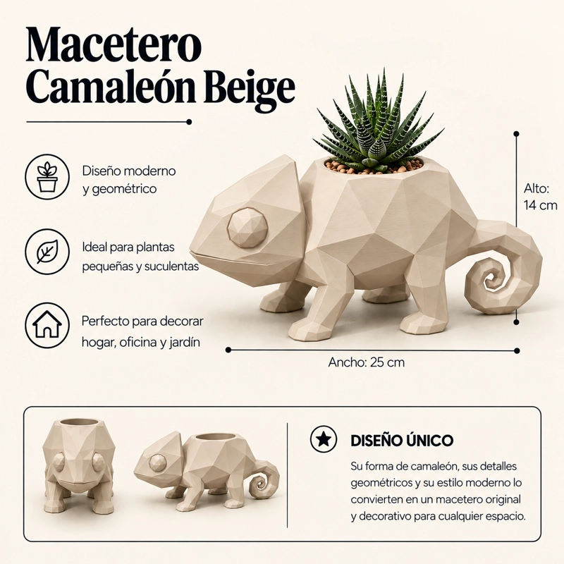 MACETERO DECORATIVO HOGAR- CAMALEON 14 CM BEIGE - 2