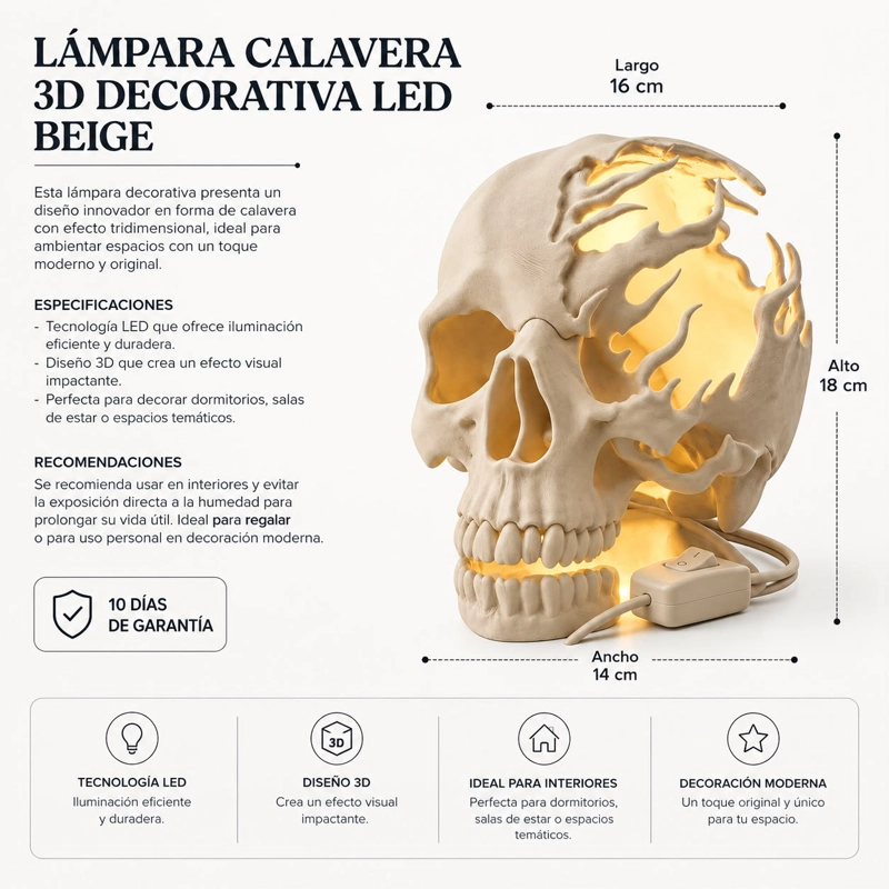 LAMPARA CALAVERA 3D DECORATIVA LED BEIGE - 3