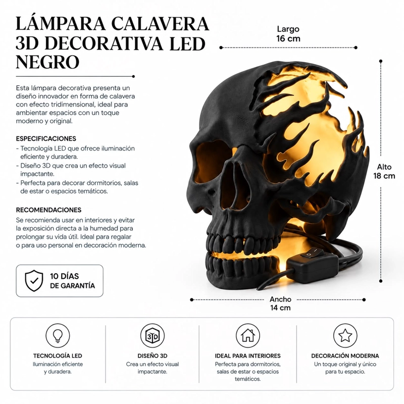 LAMPARA CALAVERA 3D DECORATIVA LED NEGRO - 3