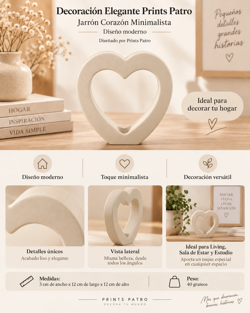 DECORACION ELEGANTE PRINTS PATRO - JARRON CORAZON MINIMALISTA BLANCO - 3