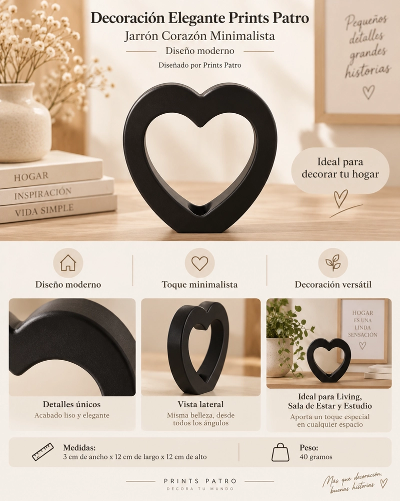 DECORACION ELEGANTE PRINTS PATRO - JARRON CORAZON MINIMALISTA NEGRO - 3