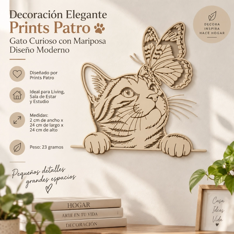 DECORACION ELEGANTE PRINTS PATRO - GATO CURIOSO CON MARIPOSA BEIGE - 1