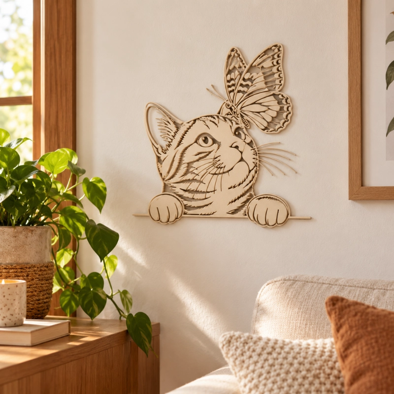 DECORACION ELEGANTE PRINTS PATRO - GATO CURIOSO CON MARIPOSA BEIGE - 2