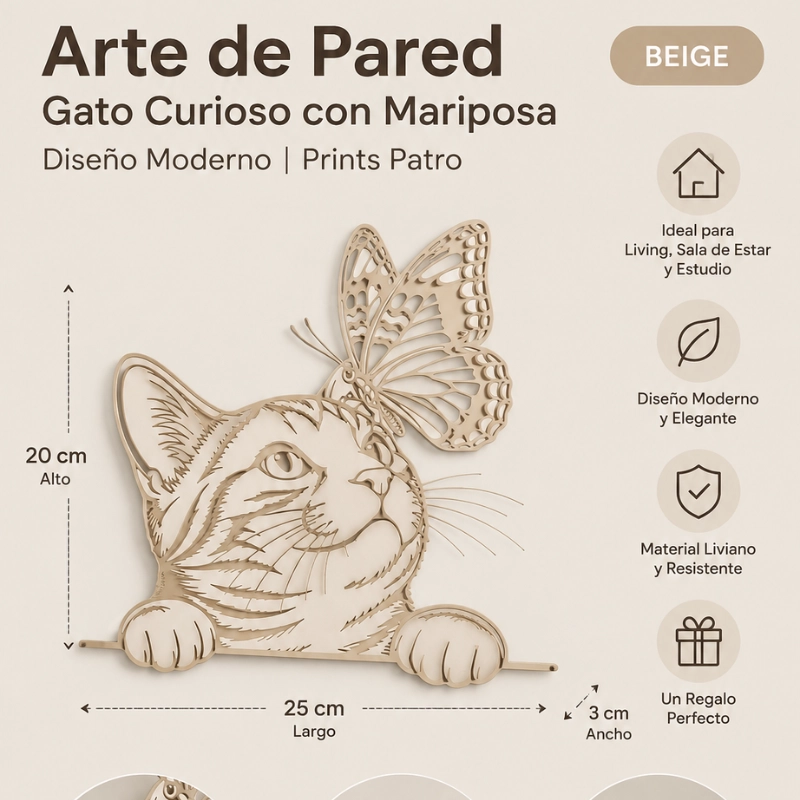 DECORACION ELEGANTE PRINTS PATRO - GATO CURIOSO CON MARIPOSA BEIGE - 3