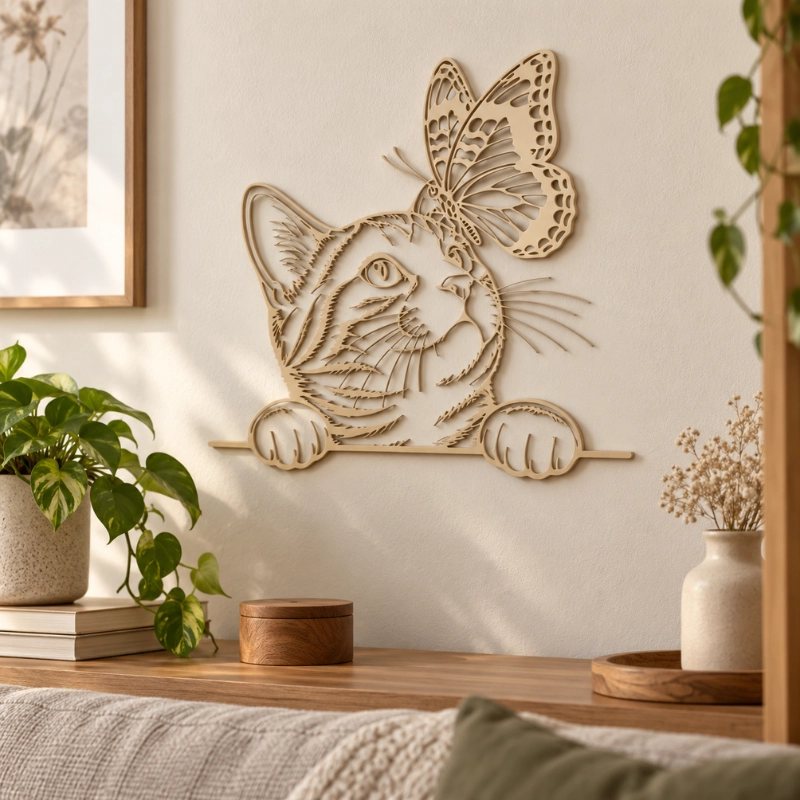 DECORACION ELEGANTE PRINTS PATRO - GATO CURIOSO CON MARIPOSA BEIGE - 5