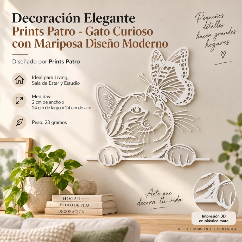 DECORACION ELEGANTE PRINTS PATRO - GATO CURIOSO CON MARIPOSA BLANCO - 1
