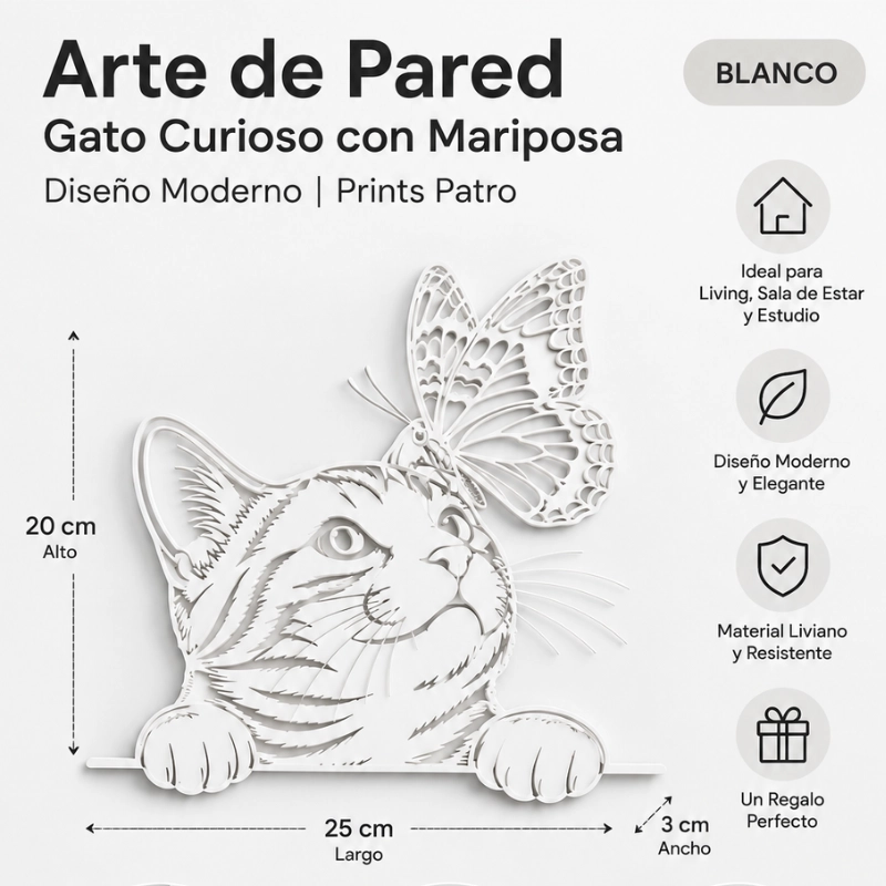 DECORACION ELEGANTE PRINTS PATRO - GATO CURIOSO CON MARIPOSA BLANCO - 3