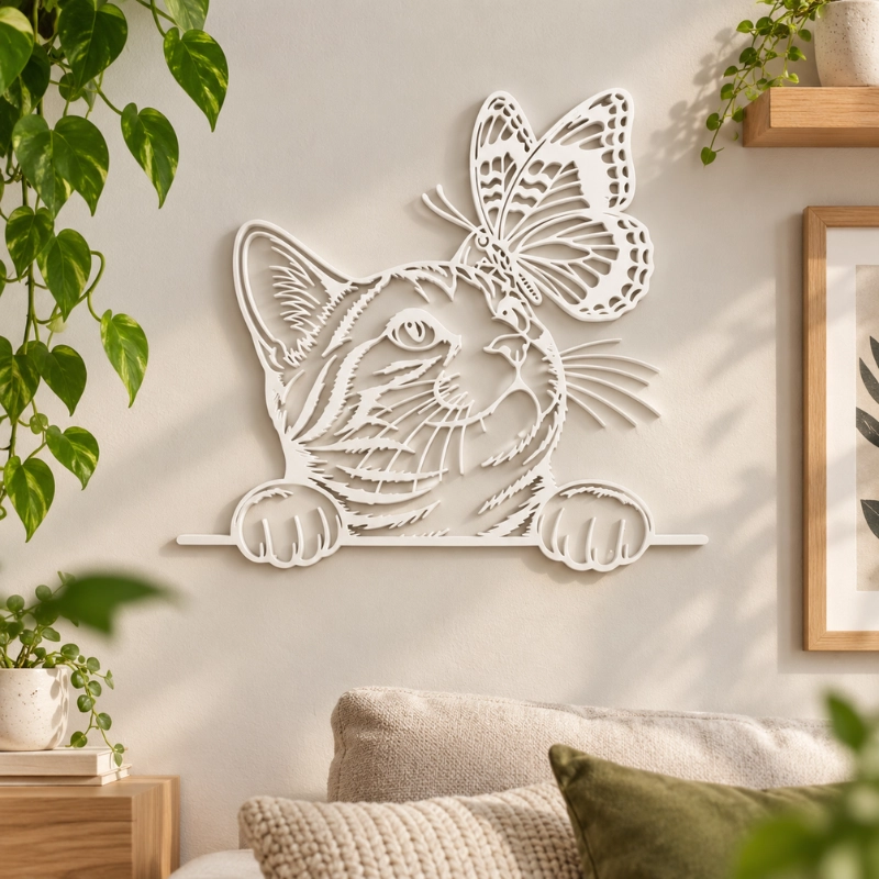 DECORACION ELEGANTE PRINTS PATRO - GATO CURIOSO CON MARIPOSA BLANCO - 4