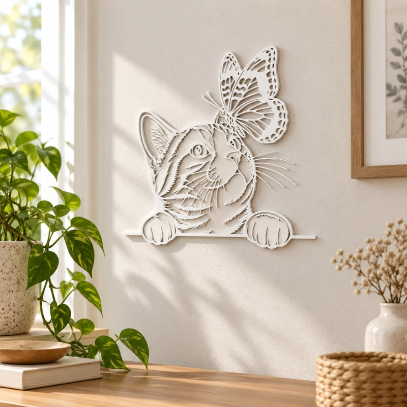 DECORACION ELEGANTE PRINTS PATRO - GATO CURIOSO CON MARIPOSA BLANCO - 5