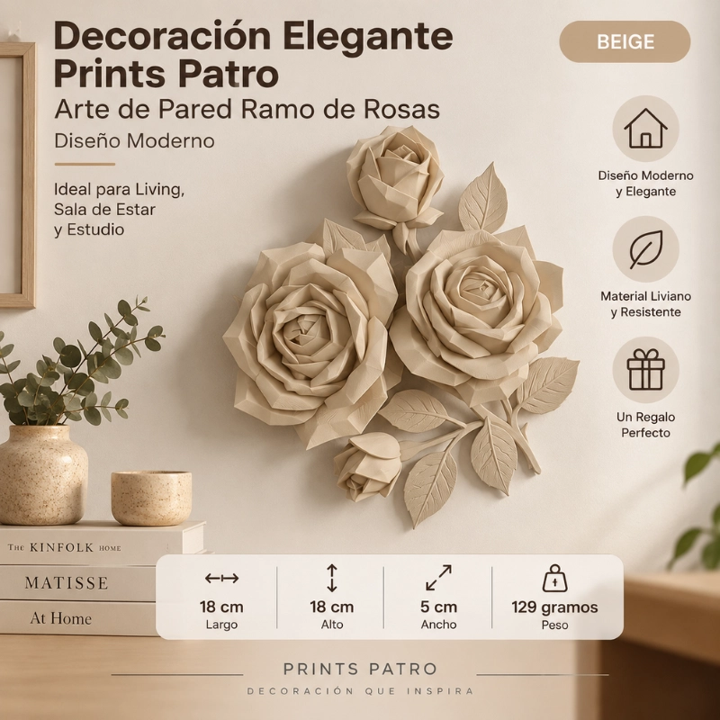 DECORACION ELEGANTE PRINTS PATRO - ARTE DE PARED RAMO DE ROSAS BEIGE - 3
