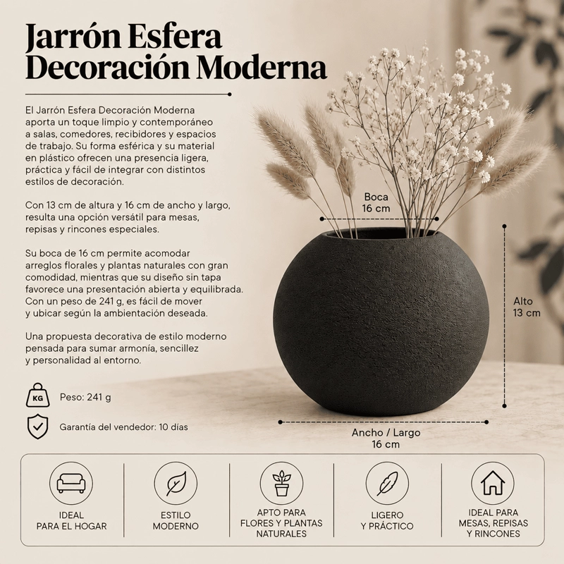 JARRON ESFERA DECORACION MODERNA NEGRO - 3