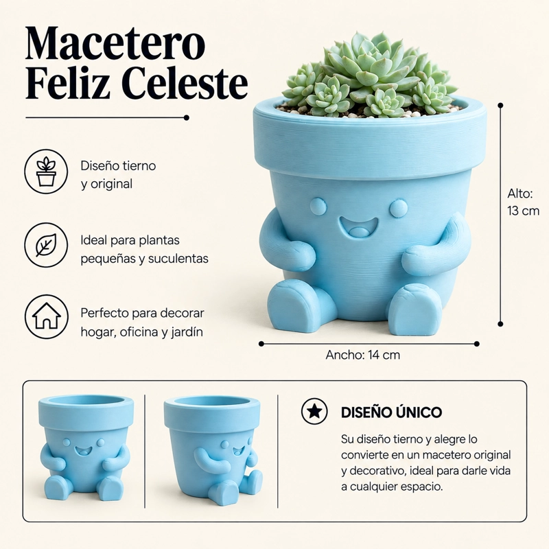 MACETERO DECORATIVO HOGAR-  MACETA FELIZ 13 CM CELESTE - 2