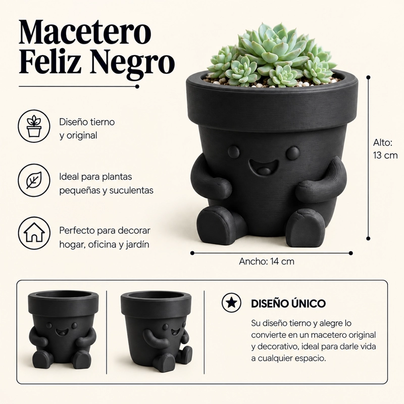 MACETERO DECORATIVO HOGAR-  MACETA FELIZ 13 CM NEGRO - 3