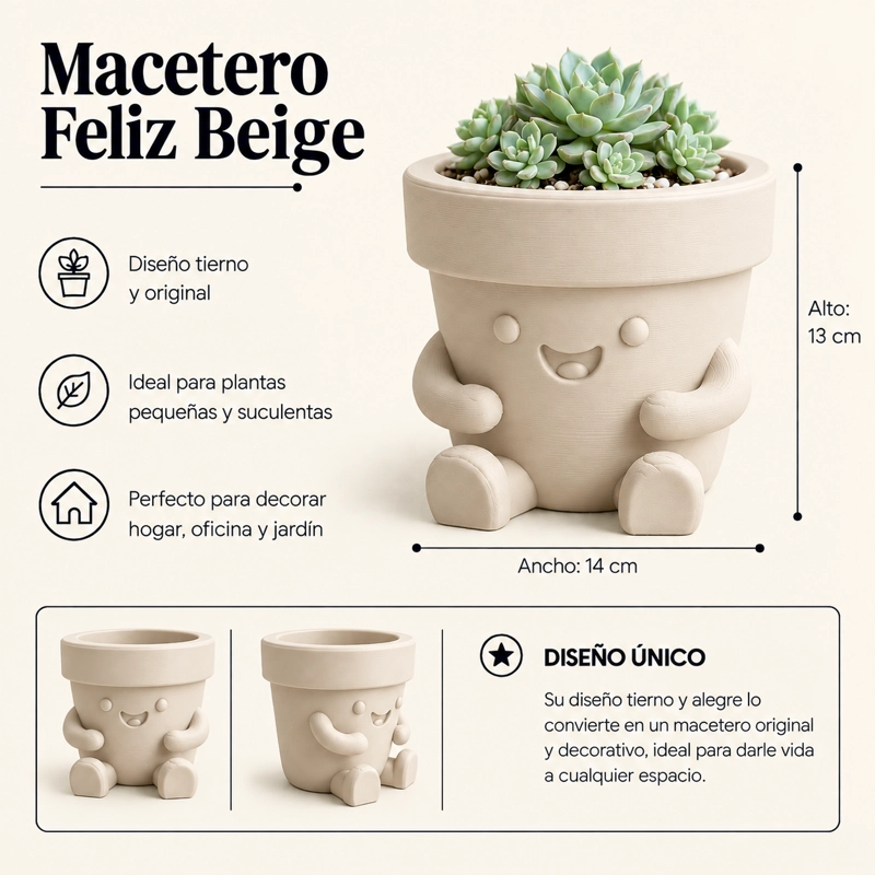MACETERO DECORATIVO HOGAR-  MACETA FELIZ 13 CM BEIGE - 2