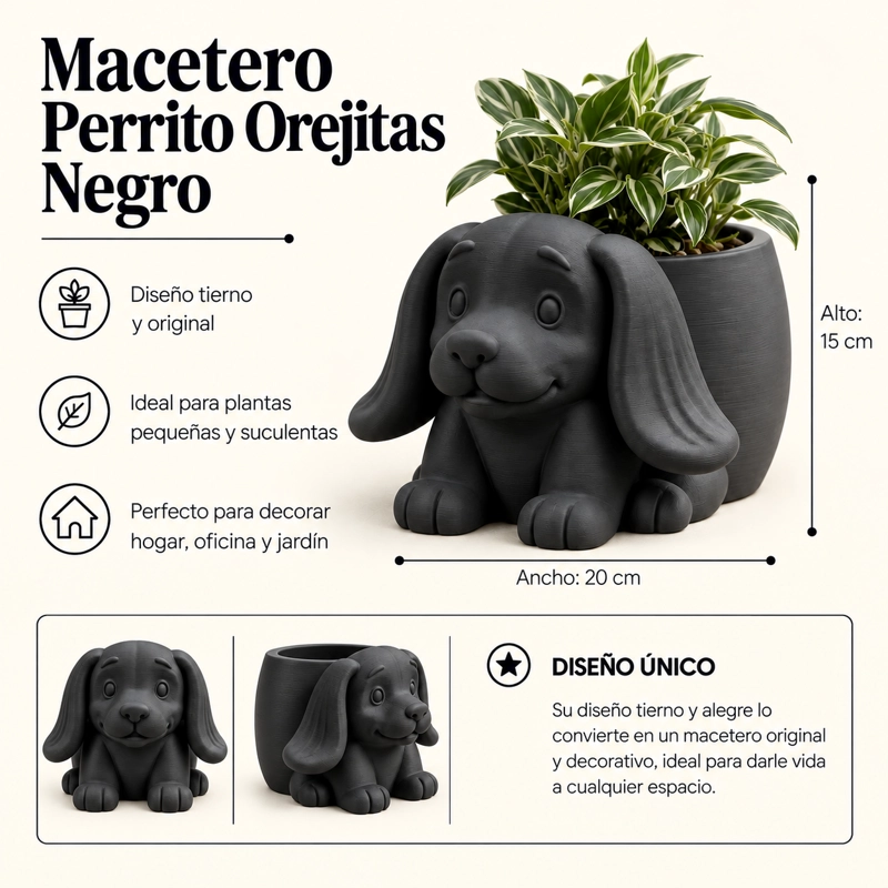 MACETERO DECORATIVO HOGAR- MACETA OREJITAS 15 CM NEGRO - 2