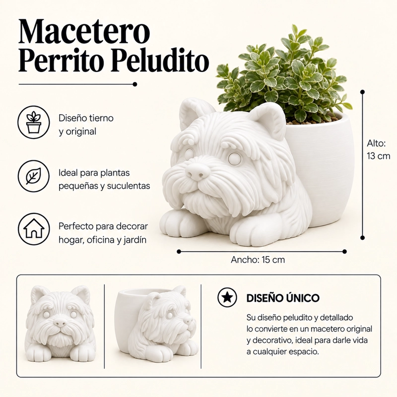 MACETERO DECORATIVO HOGAR- MACETA PELUDITO 13 CM BLANCO - 2
