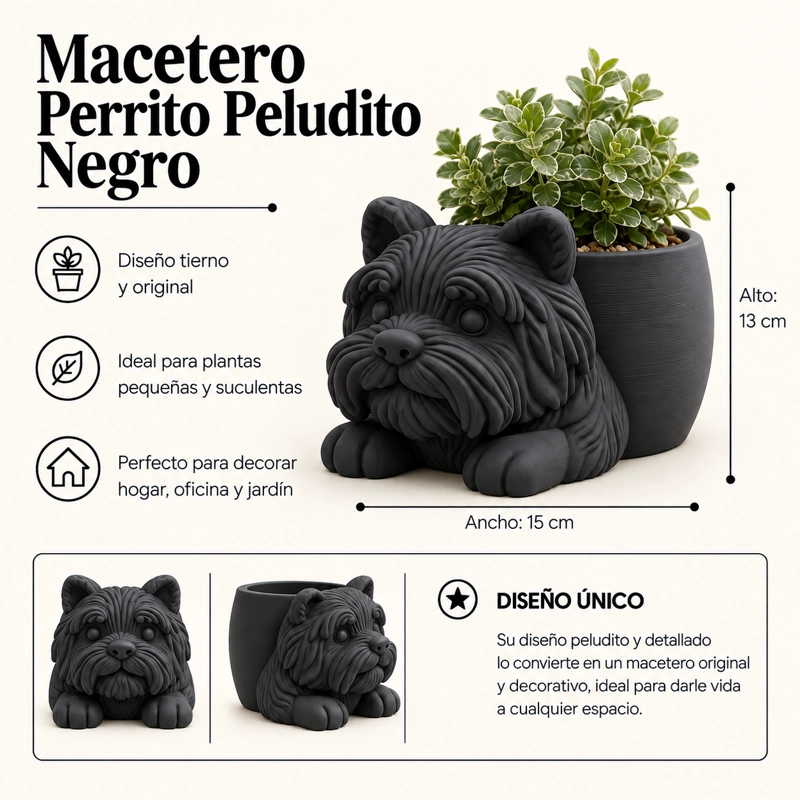 MACETERO DECORATIVO HOGAR- MACETA PELUDITO 13 CM NEGRO - 2