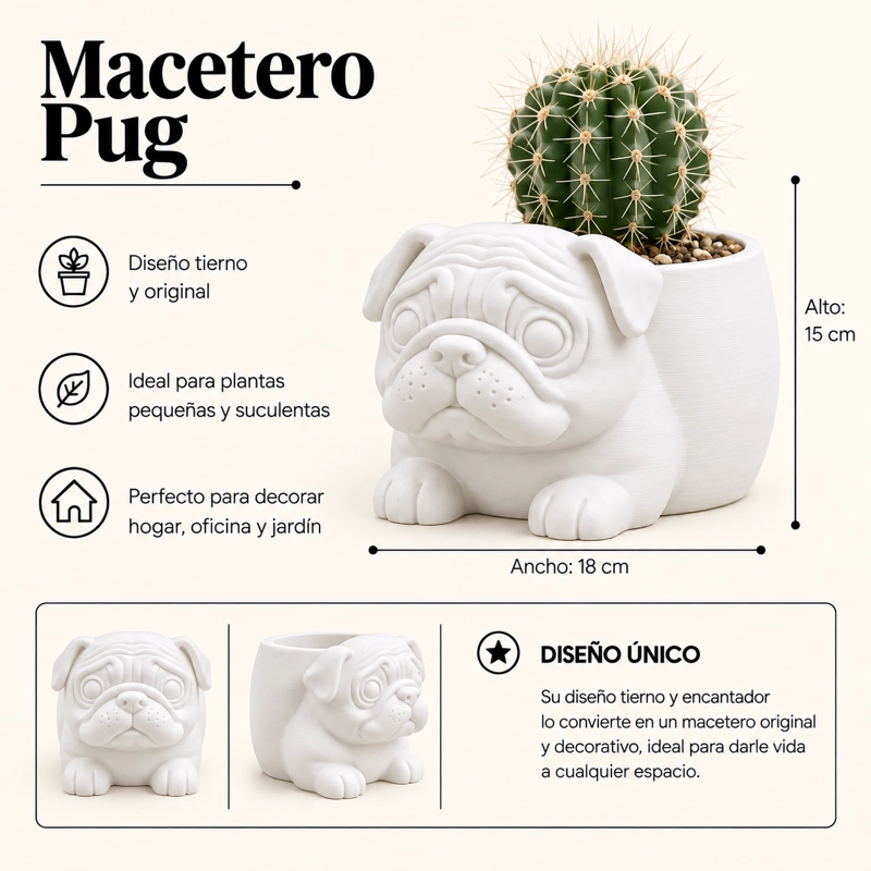 MACETERO DECORATIVO HOGAR- MACETA PUG 15 CM BLANCO - 2