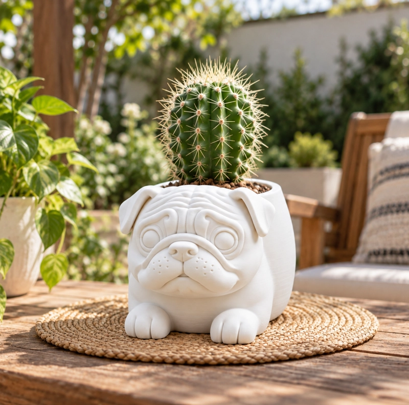 MACETERO DECORATIVO HOGAR- MACETA PUG 15 CM BLANCO - 5