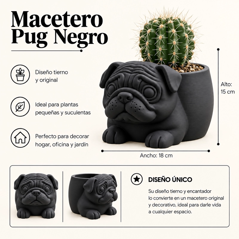 MACETERO DECORATIVO HOGAR- MACETA PUG 15 CM NEGRO - 2