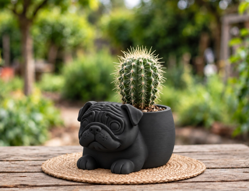 MACETERO DECORATIVO HOGAR- MACETA PUG 15 CM NEGRO - 3