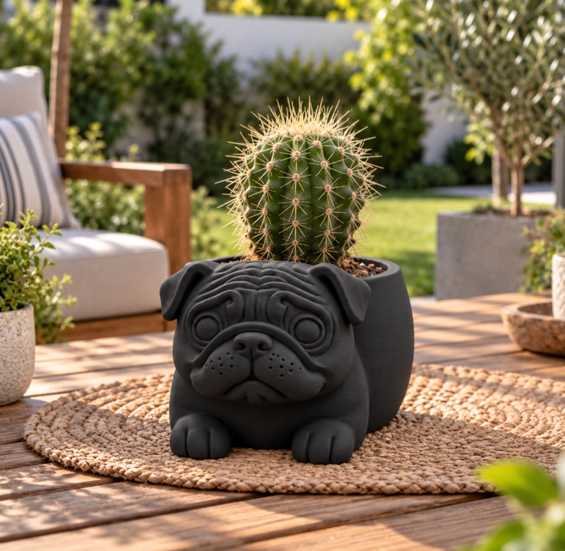 MACETERO DECORATIVO HOGAR- MACETA PUG 15 CM NEGRO - 5