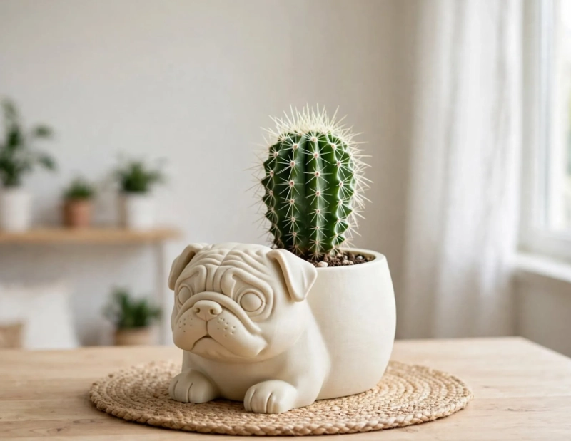 MACETERO DECORATIVO HOGAR- MACETA PUG 15 CM BEIGE - 1