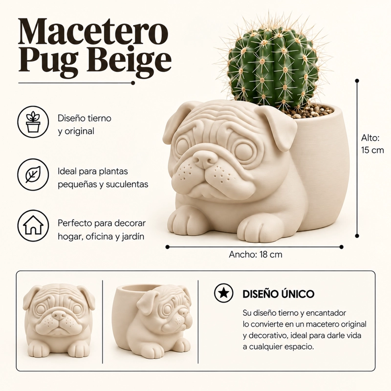 MACETERO DECORATIVO HOGAR- MACETA PUG 15 CM BEIGE - 2