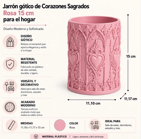 JARRON GOTICO DE CORAZONES SAGRADOS ROSA 15 CM PARA EL HOGAR - 2